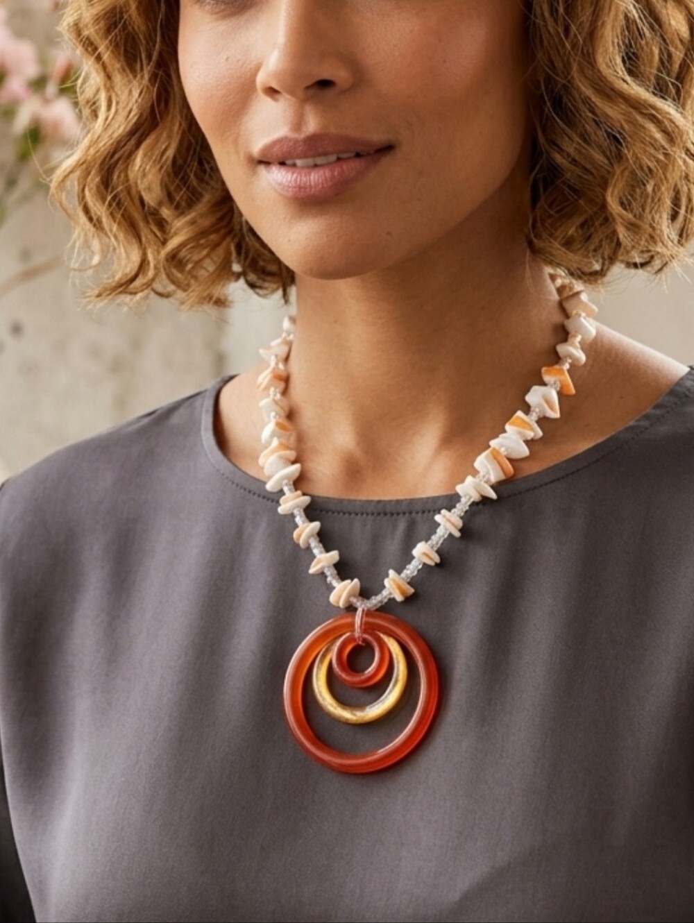Unique Handmade Shell Iridescent Bead Large Pendant Necklace